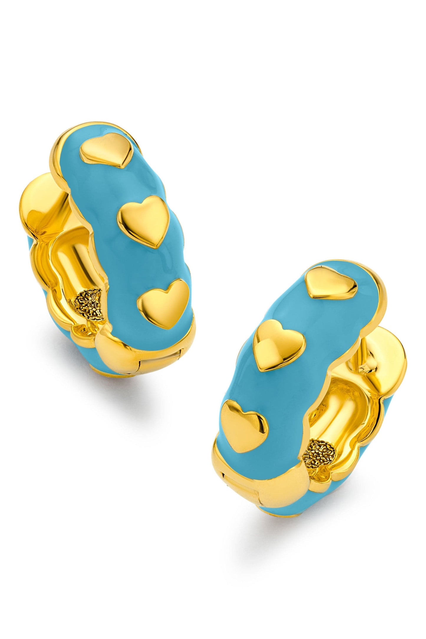 BUDDHA MAMA-Sky Blue Scalloped Heart Huggie Earrings-YELLOW GOLD
