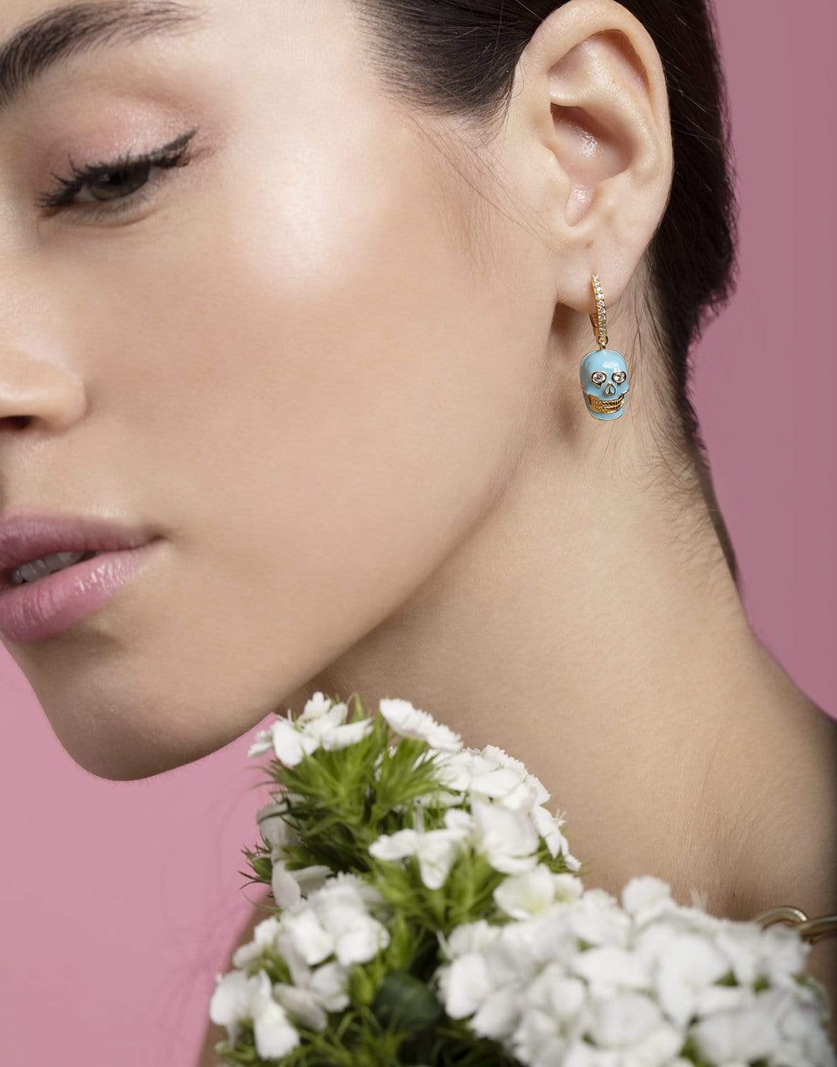BUDDHA MAMA-Sky Blue Skull Huggie Earrings-YELLOW GOLD