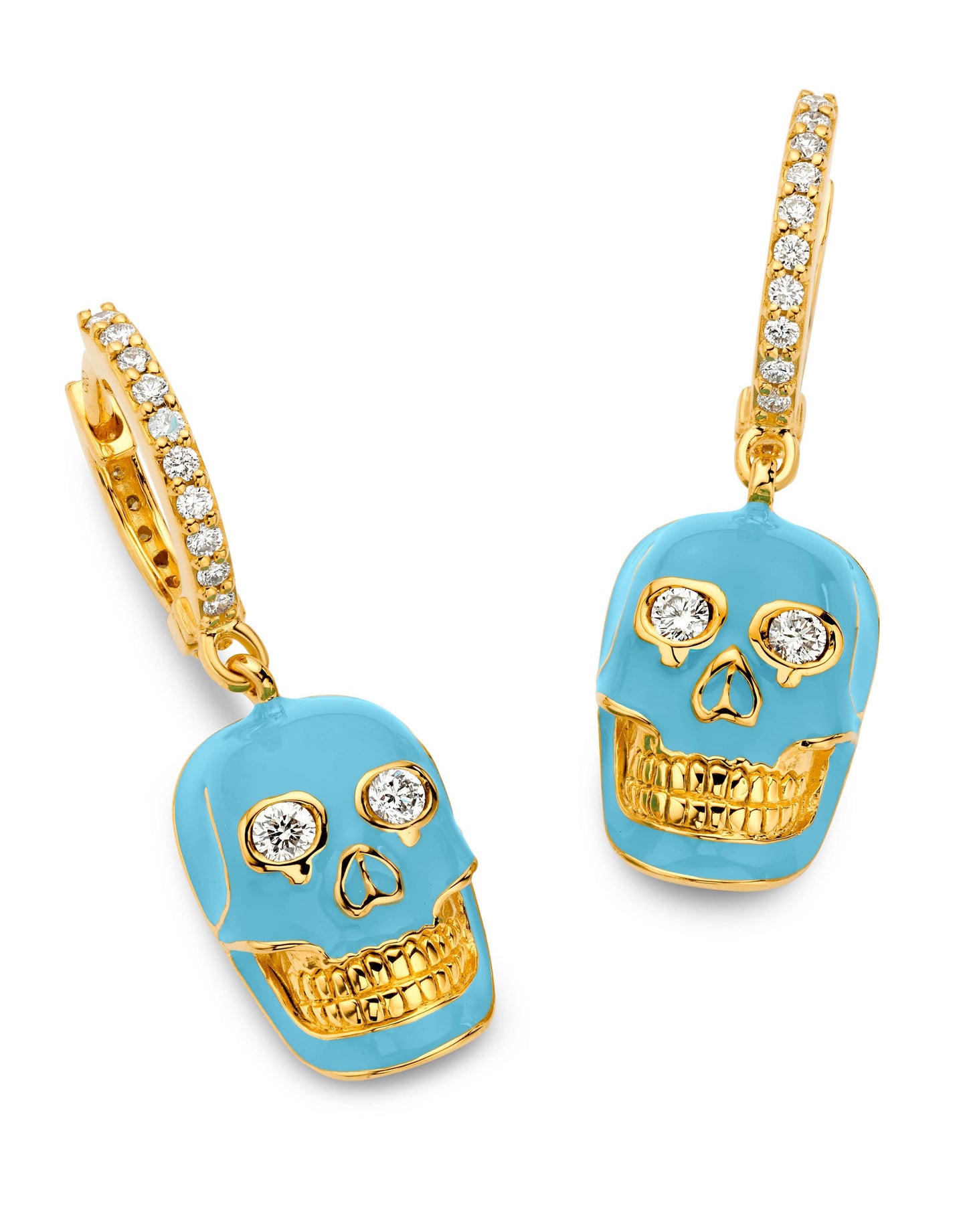 BUDDHA MAMA-Sky Blue Skull Huggie Earrings-YELLOW GOLD