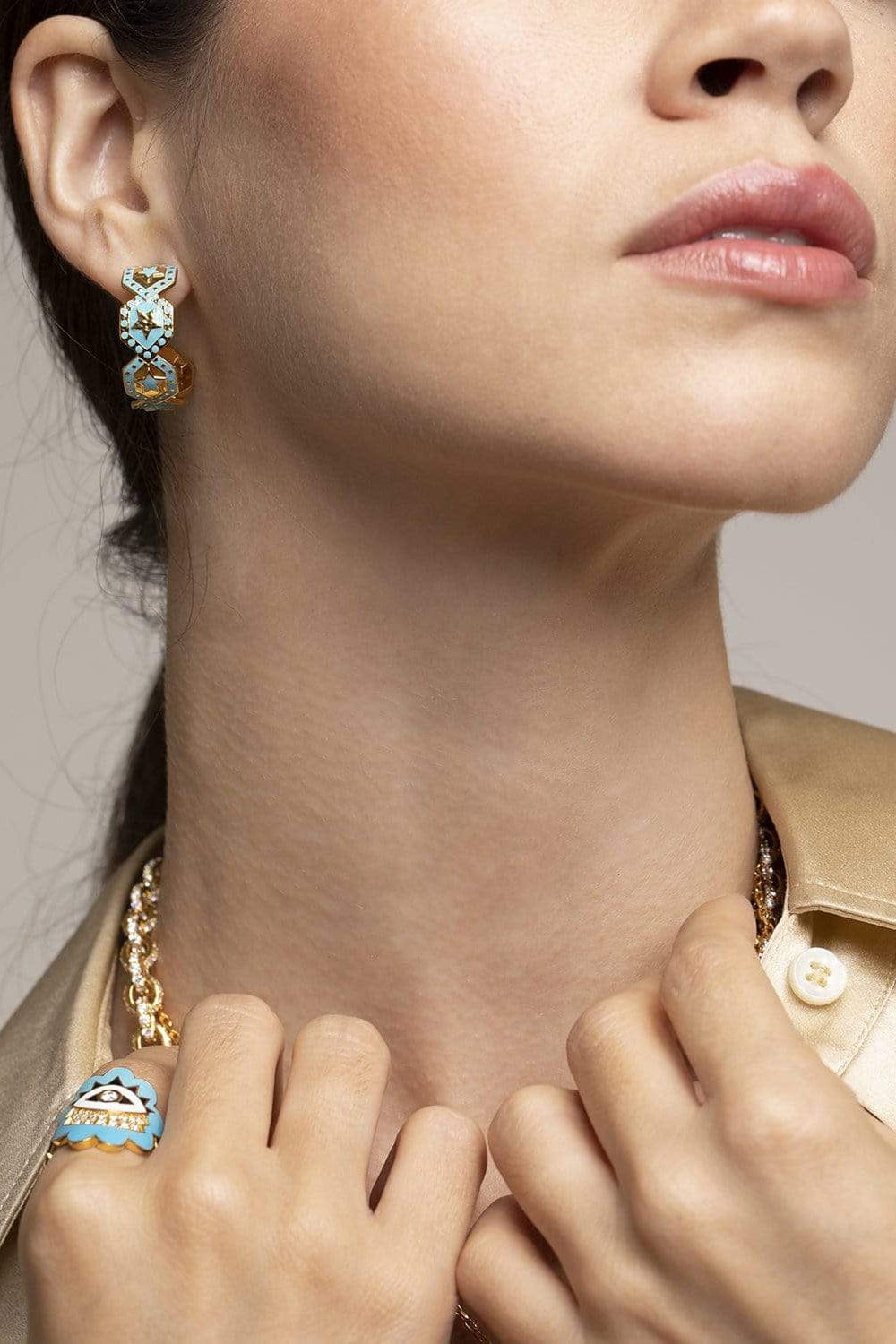 BUDDHA MAMA-Sky Blue Star Shield Earrings-YELLOW GOLD