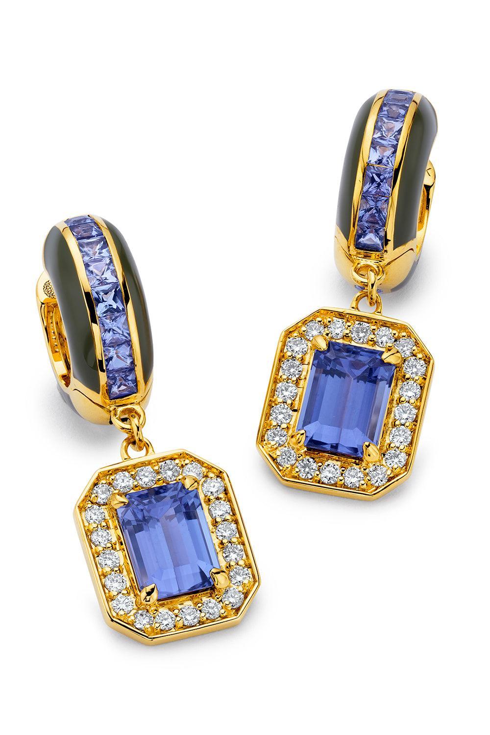 Tanzanite Square Drop Hoop Earrings-YELLOW GOLD-JEWELRYFINE JEWELEARRING-BUDDHA MAMA