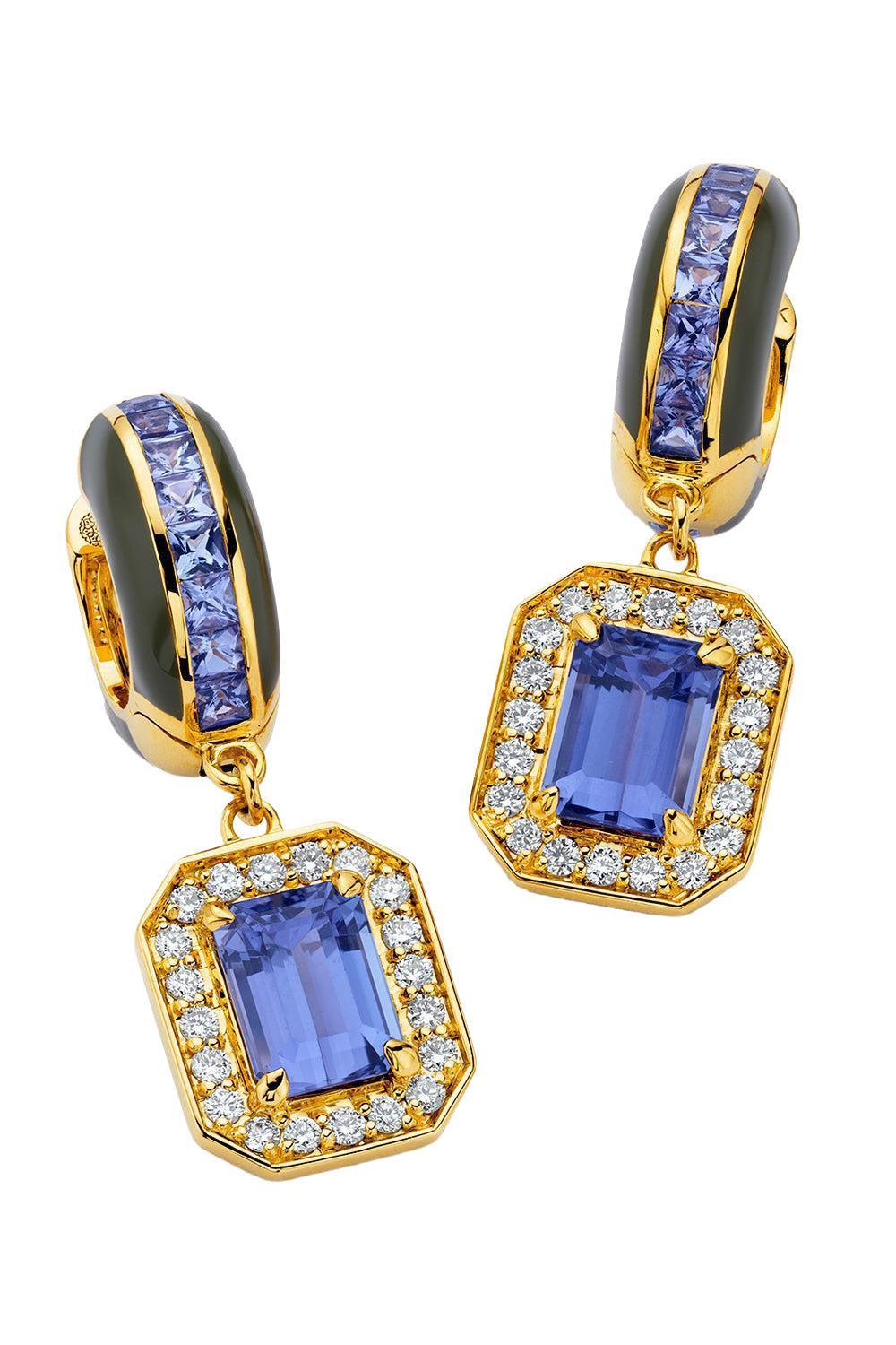 Tanzanite Square Drop Hoop Earrings-YELLOW GOLD-JEWELRYFINE JEWELEARRING-BUDDHA MAMA
