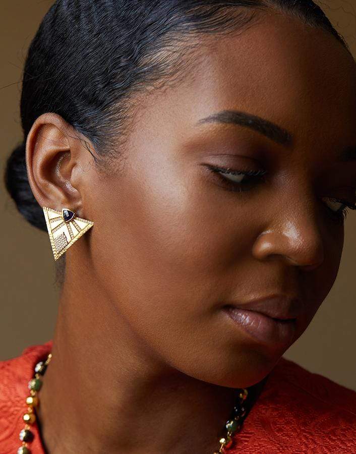 BUDDHA MAMA-Triangle Iolite and Diamond Studs-YELLOW GOLD