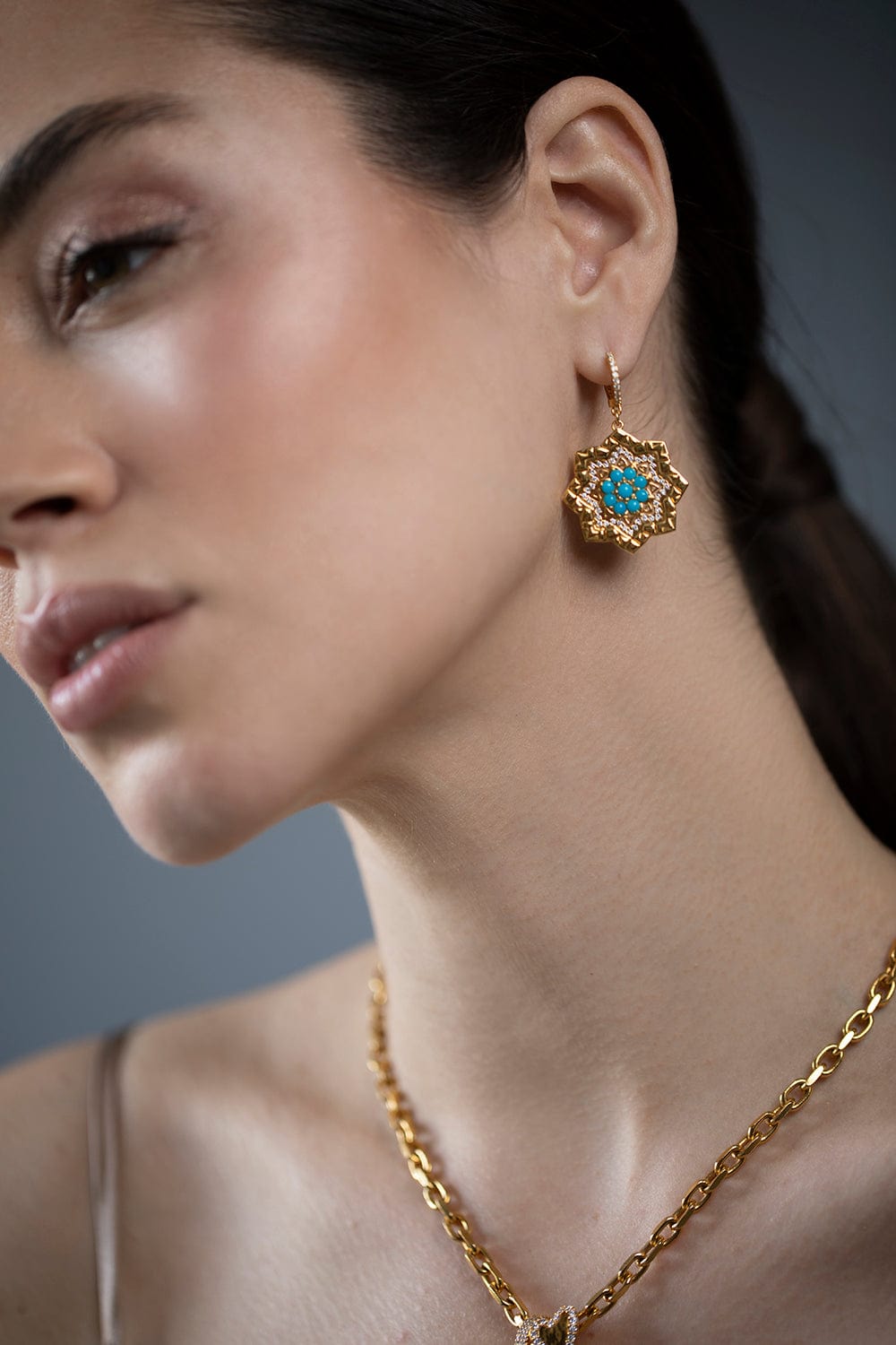 BUDDHA MAMA-Turquoise and Diamond Mandala Earrings-YELLOW GOLD