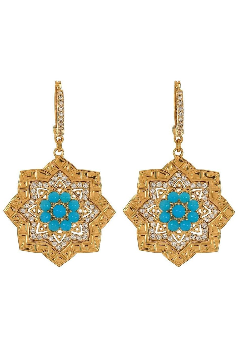 BUDDHA MAMA-Turquoise and Diamond Mandala Earrings-YELLOW GOLD