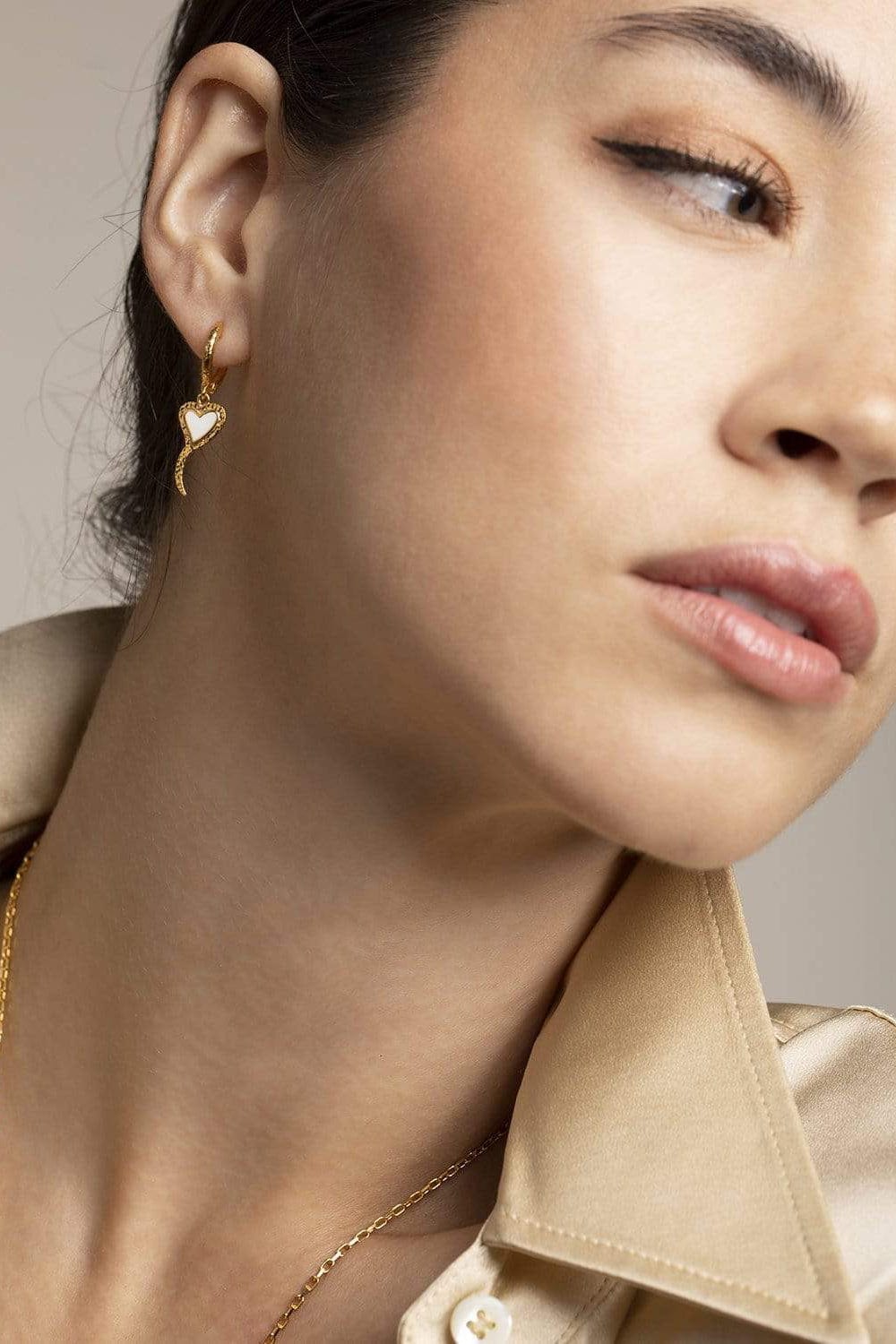 BUDDHA MAMA-White Peace and Love Huggie Earrings-YELLOW GOLD