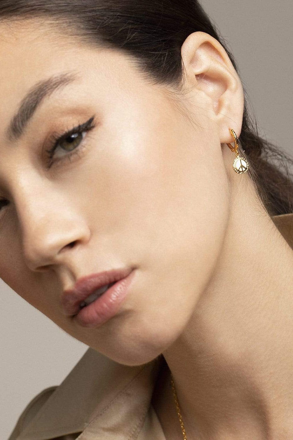 BUDDHA MAMA-White Peace and Love Huggie Earrings-YELLOW GOLD