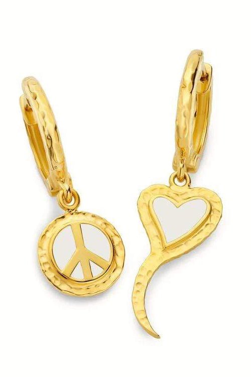 BUDDHA MAMA-White Peace and Love Huggie Earrings-YELLOW GOLD
