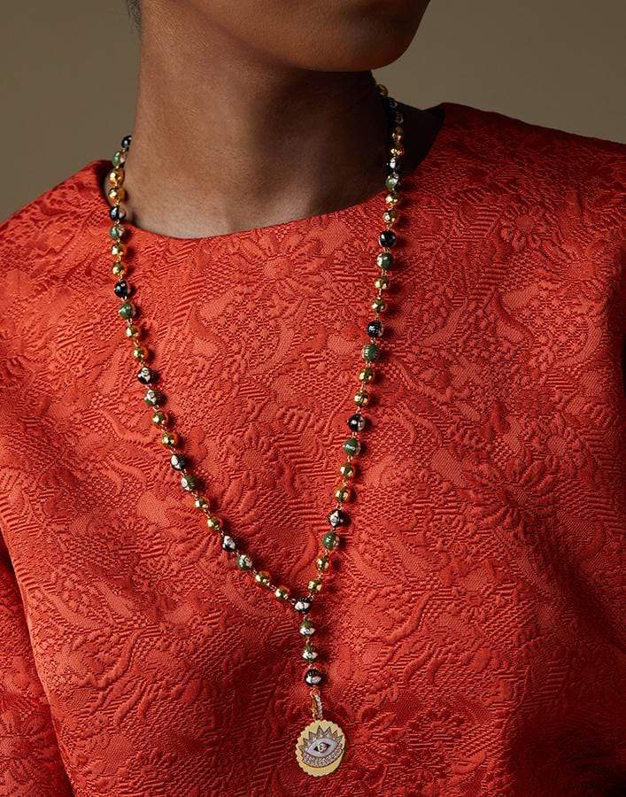 BUDDHA MAMA-Army Green Evil Eye Rosary Necklace-YELLOW GOLD