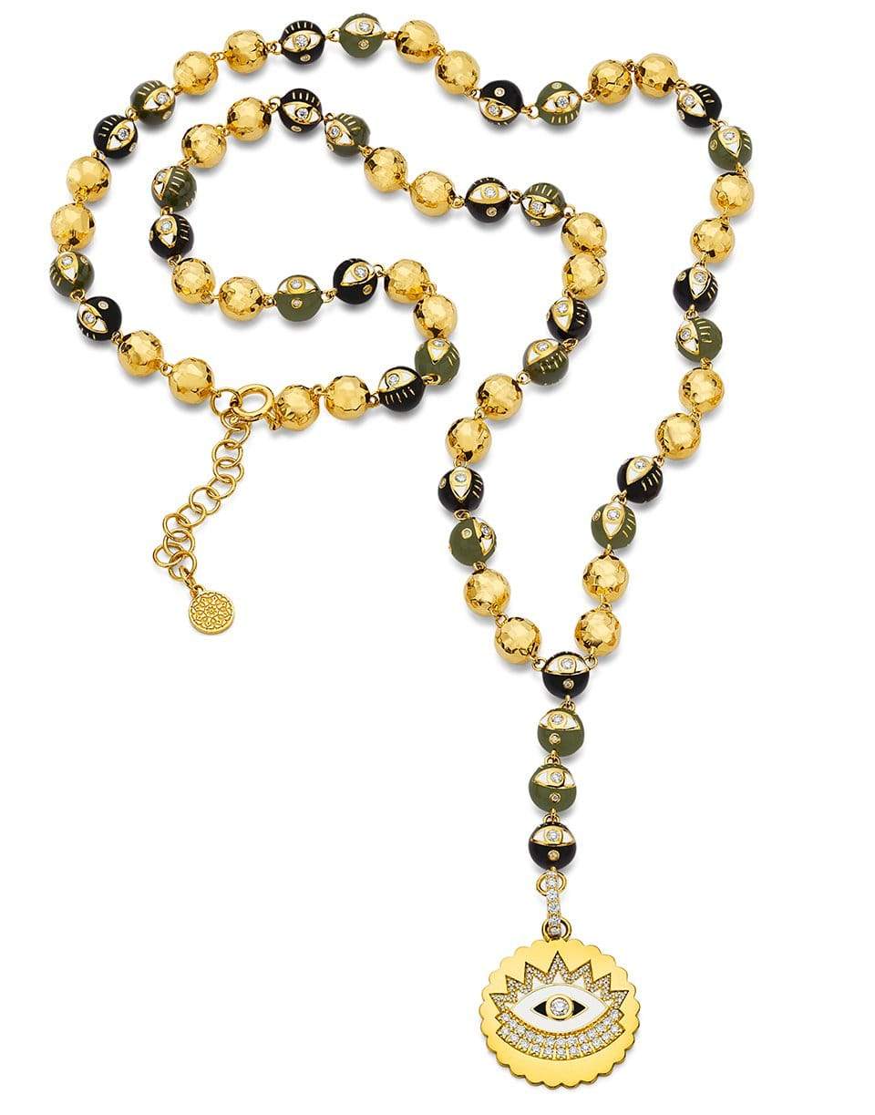BUDDHA MAMA-Army Green Evil Eye Rosary Necklace-YELLOW GOLD