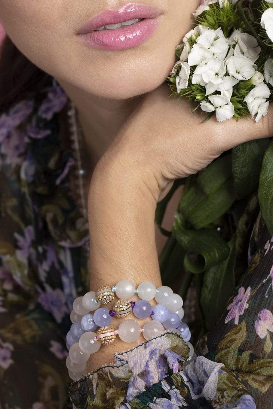 BUDDHA MAMA-Blue Lace Agate Bead Bracelet-YELLOW GOLD