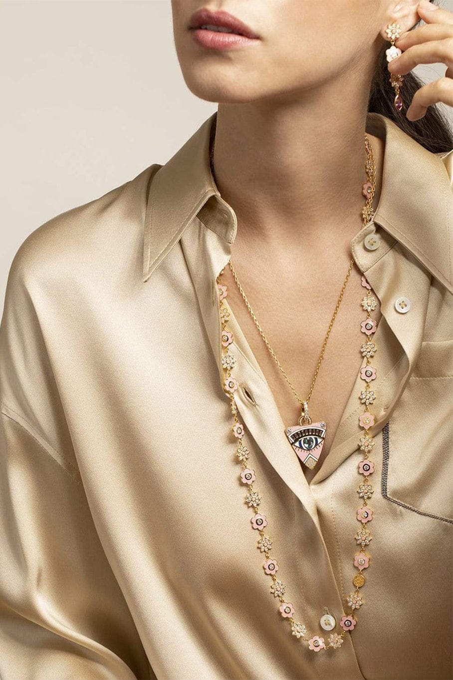 BUDDHA MAMA-Pink Enamel and Diamond Flower Necklace-YELLOW GOLD
