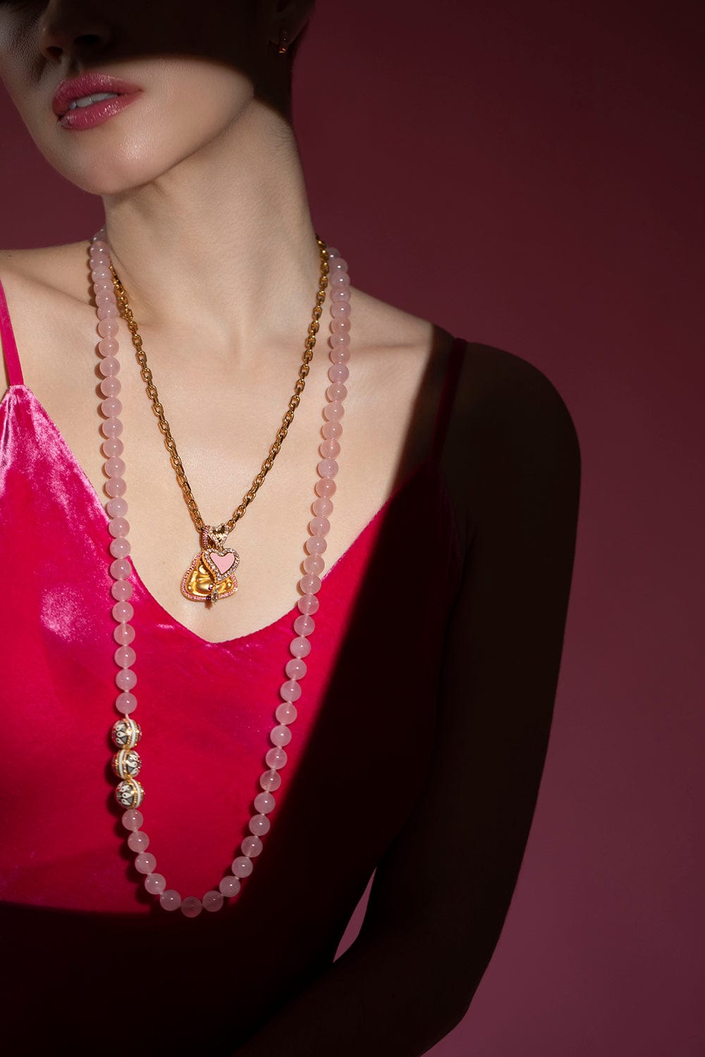 BUDDHA MAMA-Rose Quartz and Mandala Bead Necklace-YELLOW GOLD