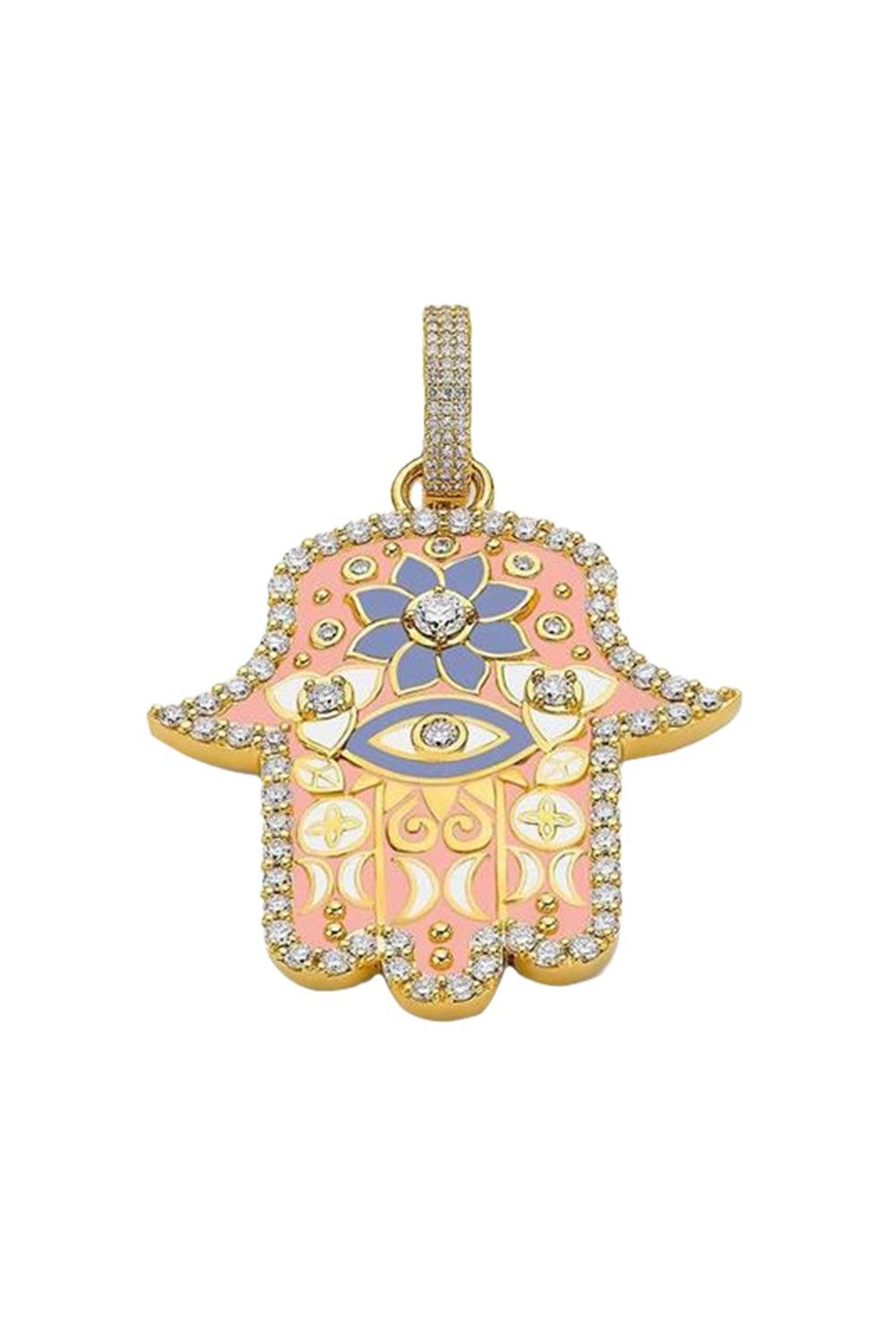 Medium Pink Enamel Hamsa Pendant-YELLOW GOLD-JEWELRYFINE JEWELPENDANT-BUDDHA MAMA