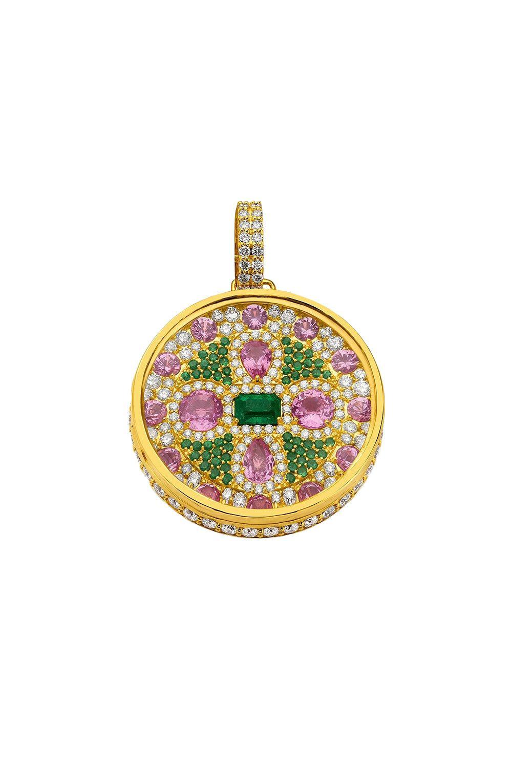 Pink Sapphire Diamond Emerald Locket-YELLOW GOLD-JEWELRYFINE JEWELPENDANT-BUDDHA MAMA