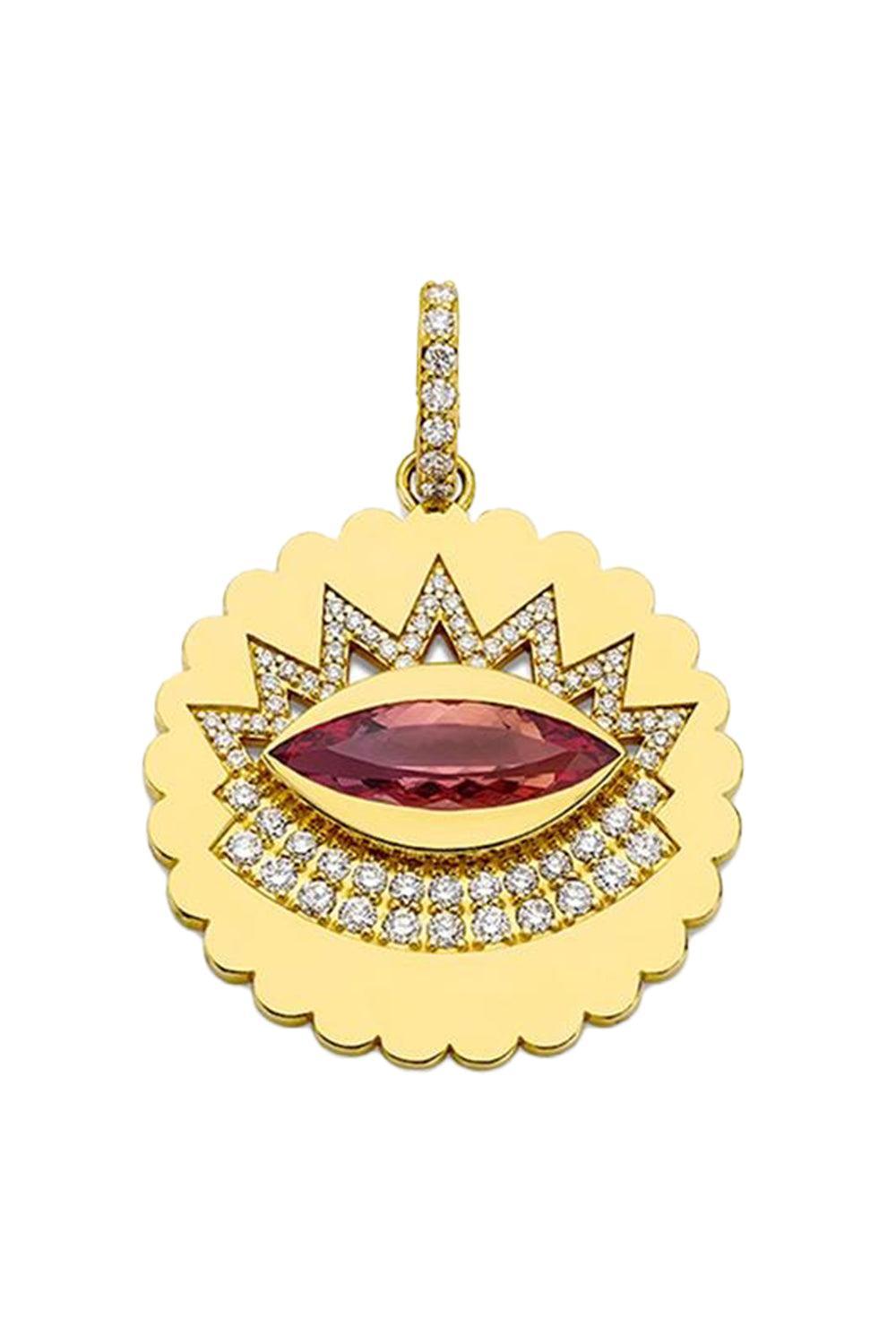 Diamond Topaz Scalloped Evil Eye Pendant-YELLOW GOLD-JEWELRYFINE JEWELPENDANT-BUDDHA MAMA