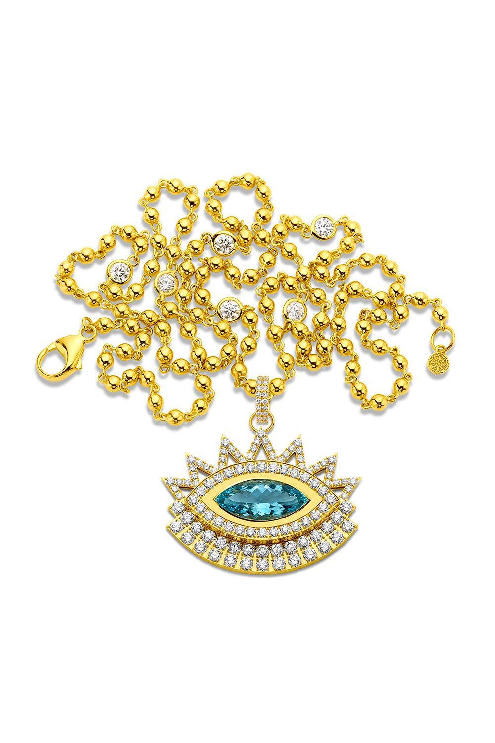 Aquamarine Diamond Large Evil Eye Pendant-YELLOW GOLD-JEWELRYFINE JEWELPENDANT-BUDDHA MAMA