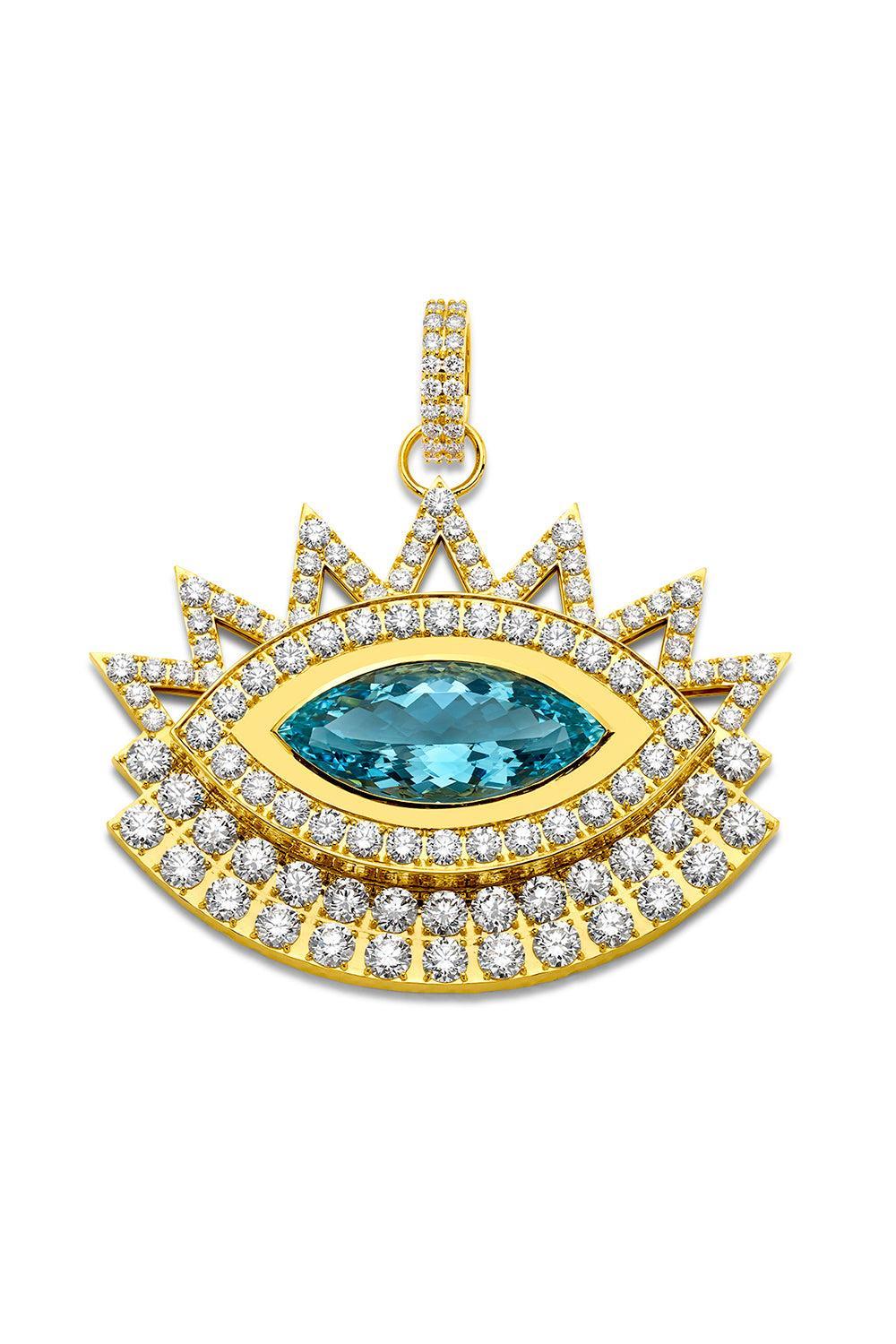Aquamarine Diamond Large Evil Eye Pendant-YELLOW GOLD-JEWELRYFINE JEWELPENDANT-BUDDHA MAMA