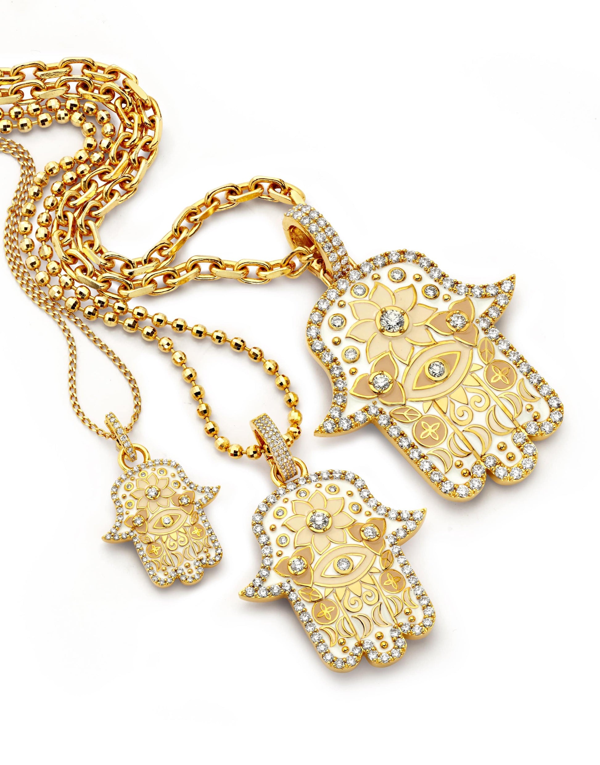 BUDDHA MAMA-Baby White and Beige Hamsa Pendant with Diamonds-YELLOW GOLD