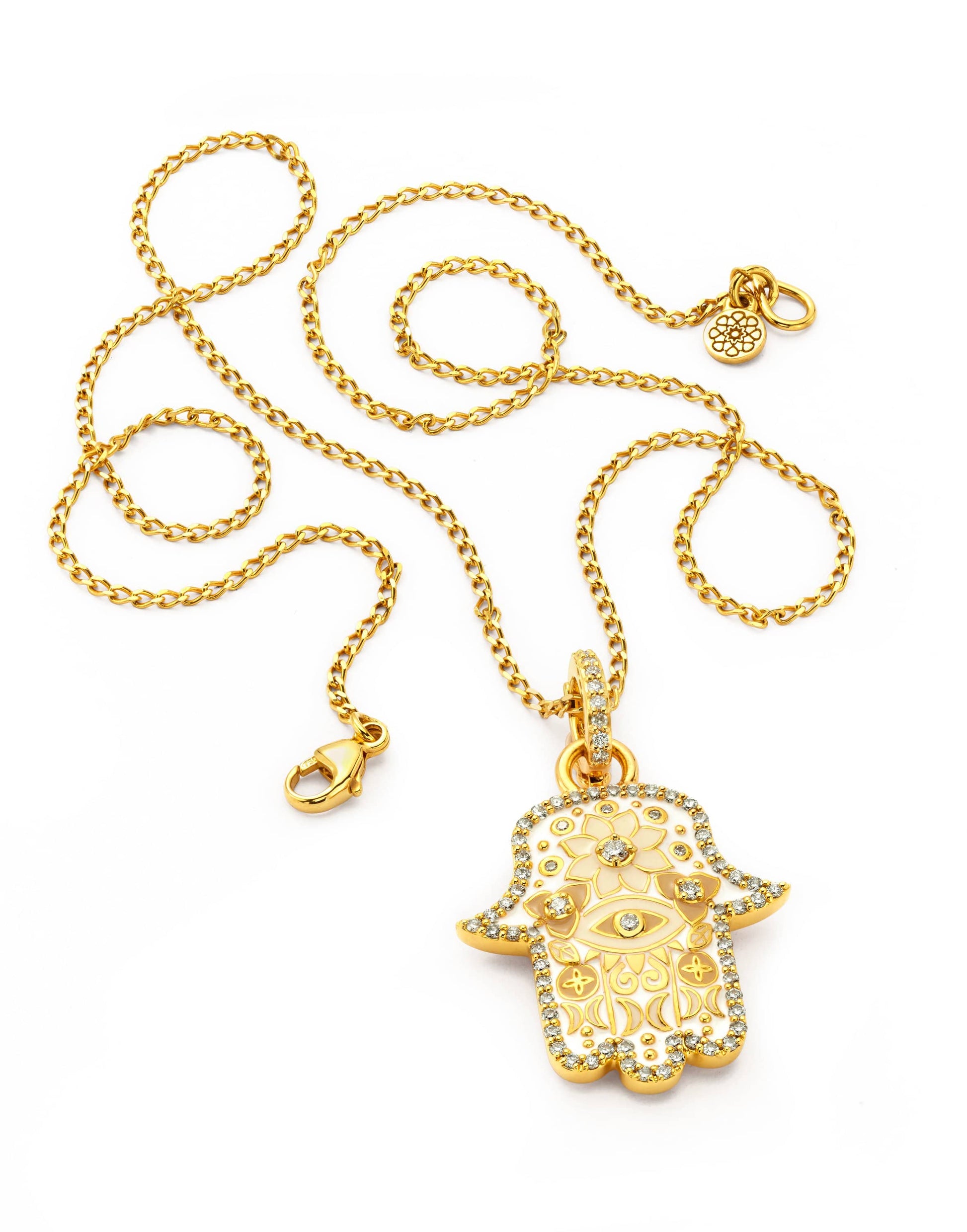 BUDDHA MAMA-Baby White and Beige Hamsa Pendant with Diamonds-YELLOW GOLD