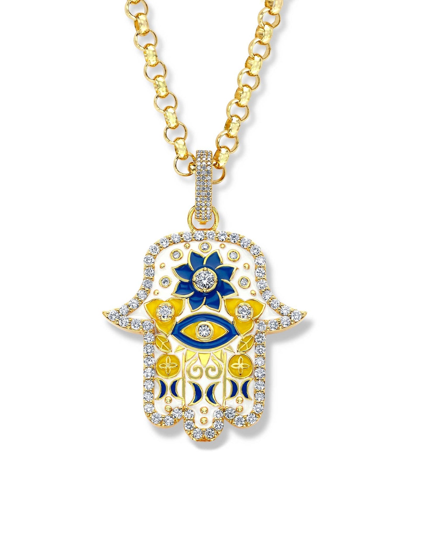 BUDDHA MAMA-Baby White and Yellow Hamsa Pendant with Diamonds-YELLOW GOLD