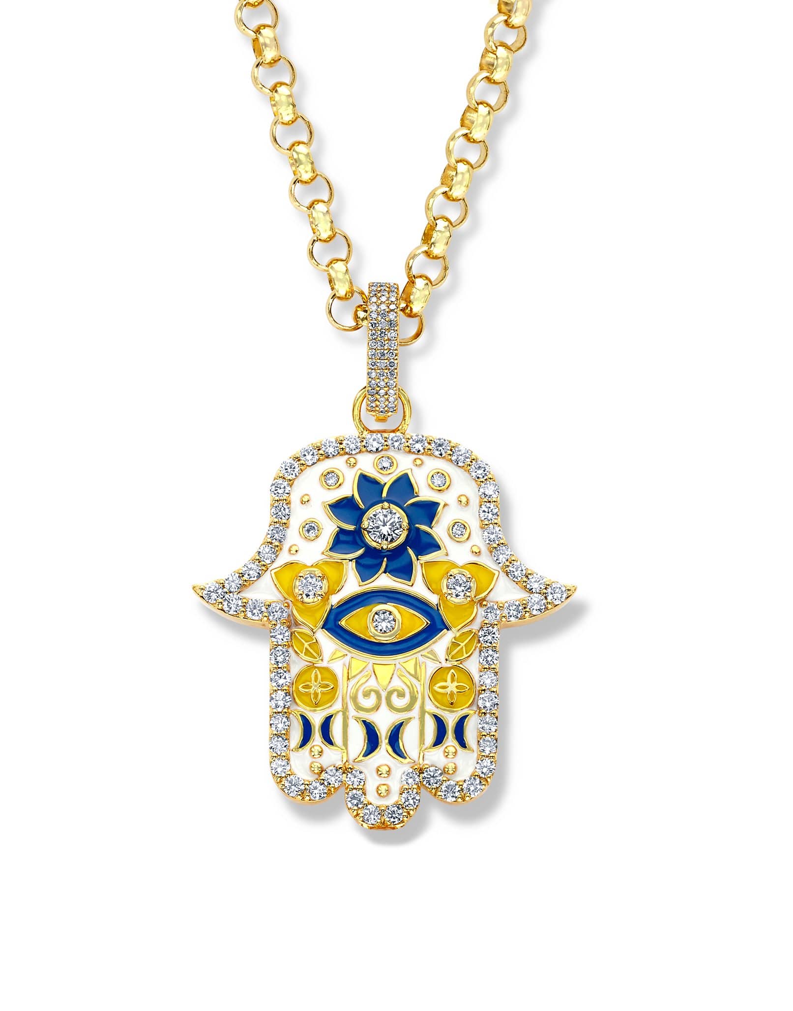 BUDDHA MAMA-Baby White and Yellow Hamsa Pendant with Diamonds-YELLOW GOLD
