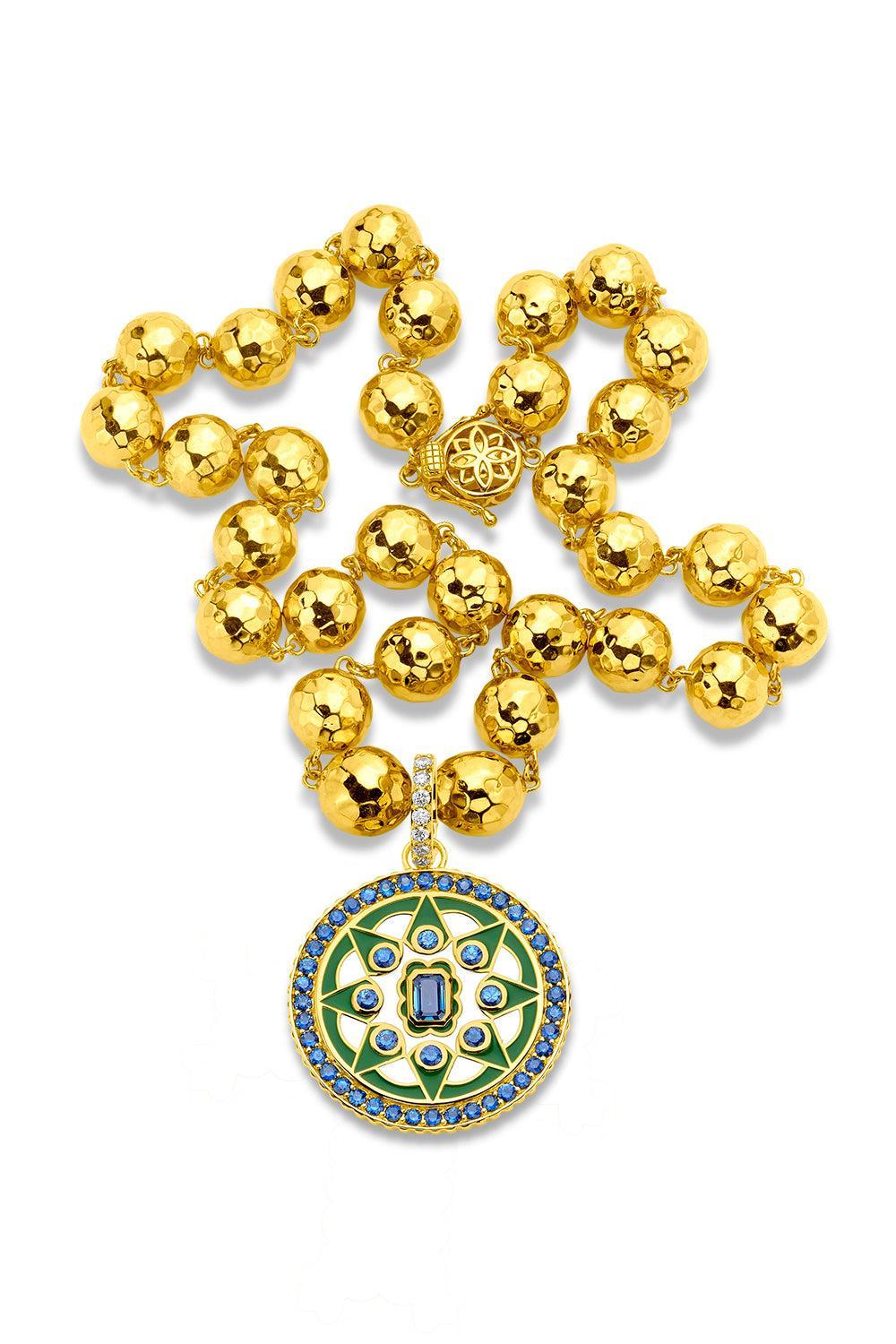 Blue Sapphire Diamond Kelly Green Mandala Pendant-YELLOW GOLD-JEWELRYFINE JEWELPENDANT-BUDDHA MAMA