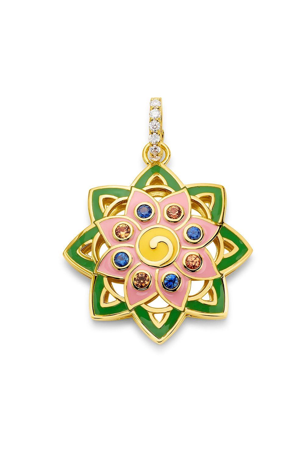 Diamond Sapphire Green Pink Star Mandala Pendant-YELLOW GOLD-JEWELRYFINE JEWELPENDANT-BUDDHA MAMA
