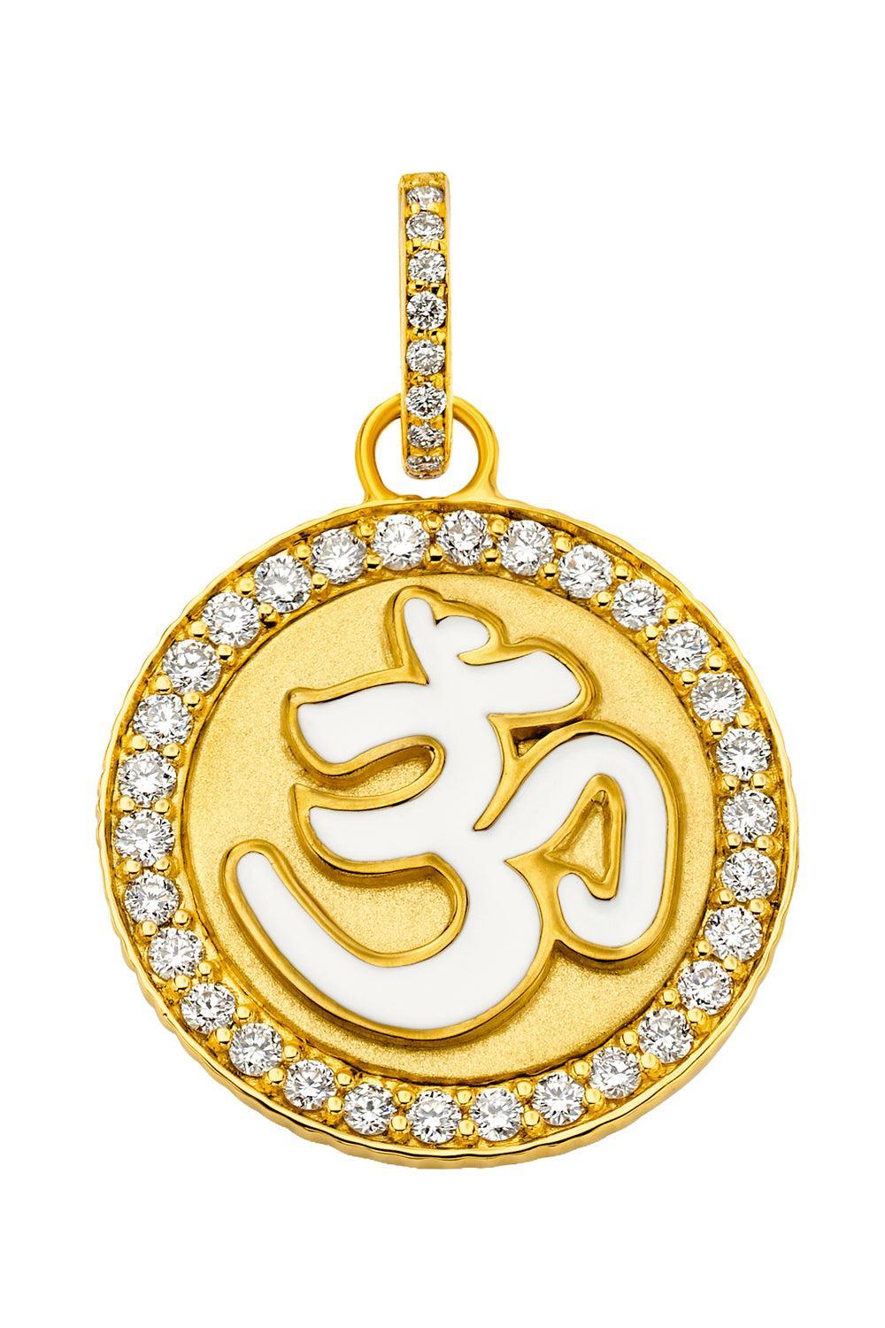 Diamond White Om Coin Pendant-YELLOW GOLD-JEWELRYFINE JEWELPENDANT-BUDDHA MAMA
