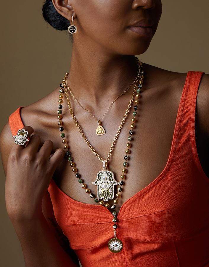 BUDDHA MAMA-Large Army Green Hamsa Pendant-YELLOW GOLD