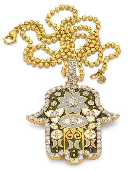 BUDDHA MAMA-Large Army Green Hamsa Pendant-YELLOW GOLD