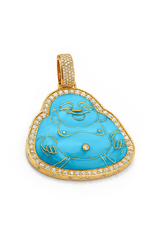 BUDDHA MAMA-Large Blue Enamel Happy Buddha Pendant-YELLOW GOLD