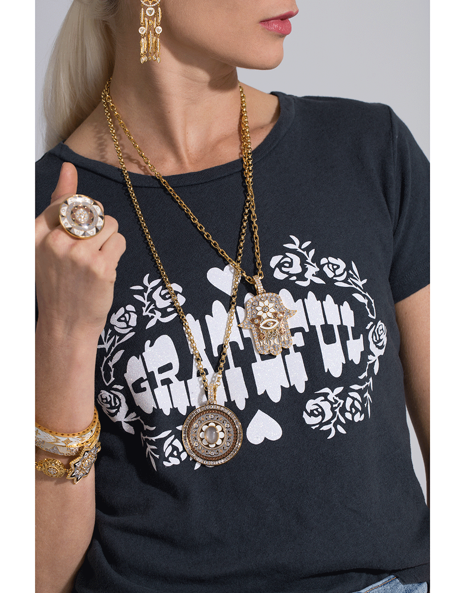 BUDDHA MAMA-Large Grey Enamel Hamsa Pendant-YELLOW GOLD