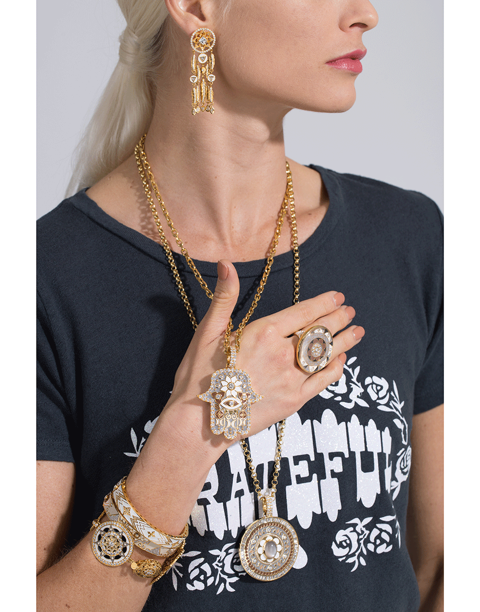 BUDDHA MAMA-Large Grey Enamel Hamsa Pendant-YELLOW GOLD