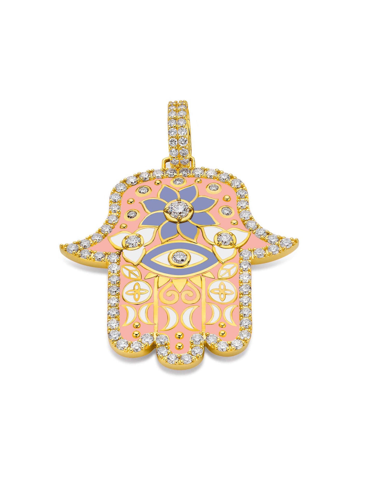Large Pink Enamel Hamsa Pendant-YELLOW GOLD-JEWELRYFINE JEWELPENDANT-BUDDHA MAMA