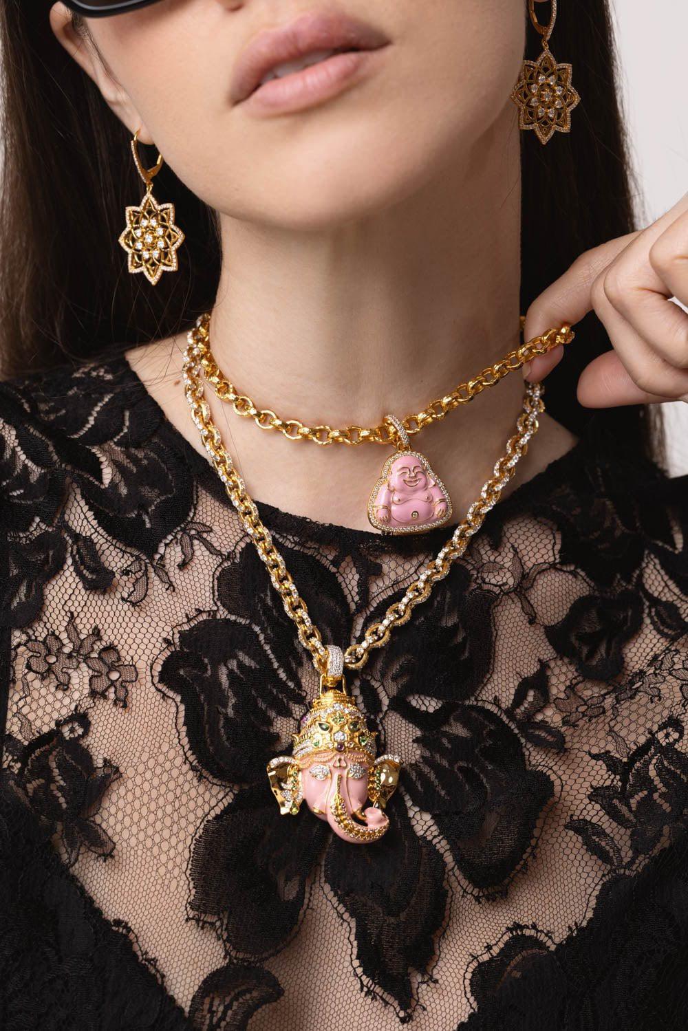 BUDDHA MAMA-Medium Pink Enamel Buddha Pendant-YELLOW GOLD