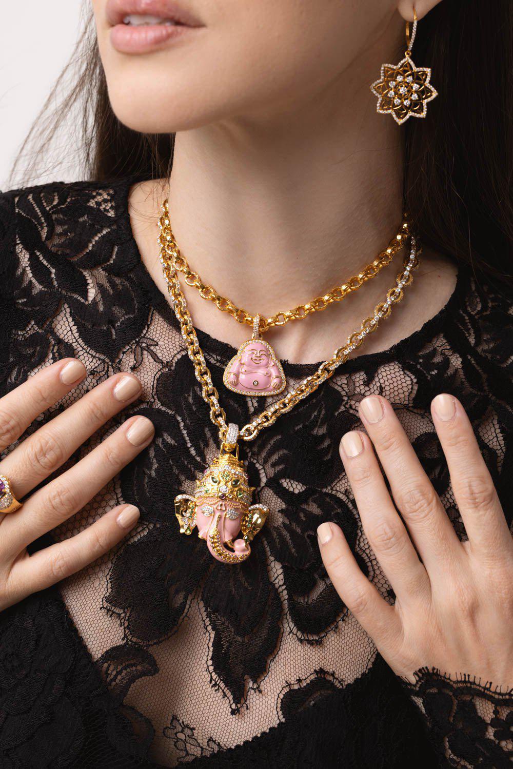 BUDDHA MAMA-Medium Pink Enamel Buddha Pendant-YELLOW GOLD