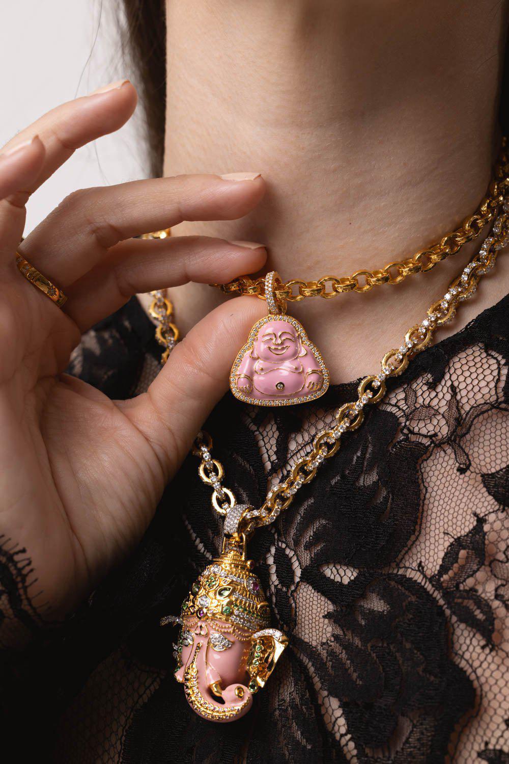 BUDDHA MAMA-Medium Pink Enamel Buddha Pendant-YELLOW GOLD