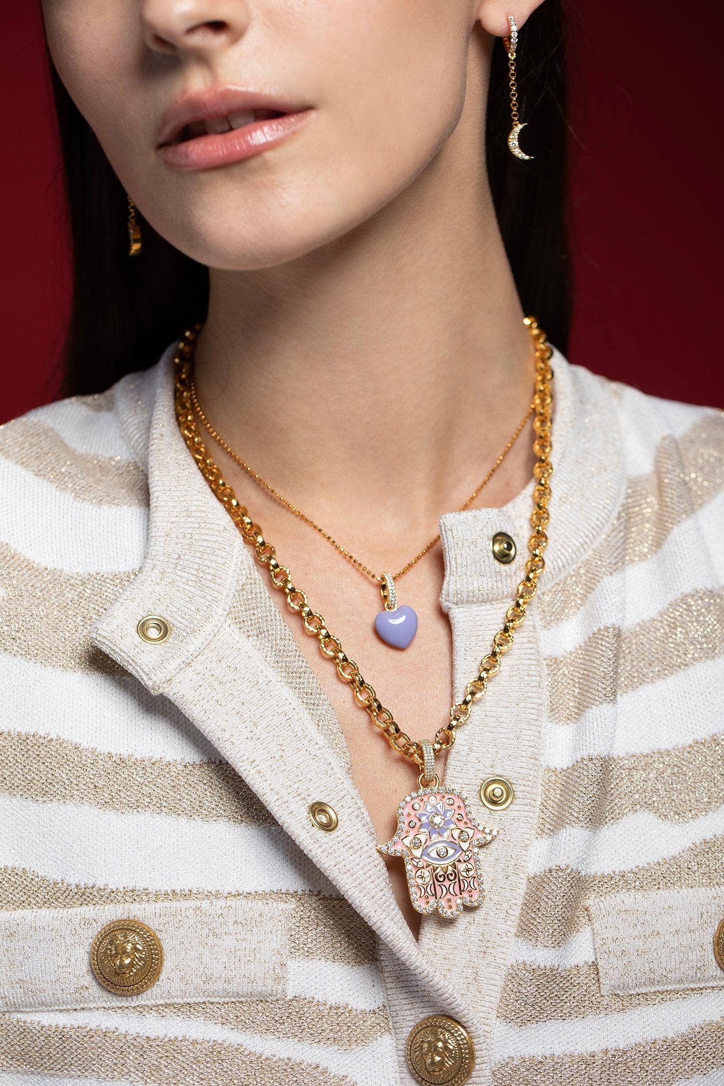 BUDDHA MAMA-Medium Pink Enamel Hamsa Pendant-YELLOW GOLD