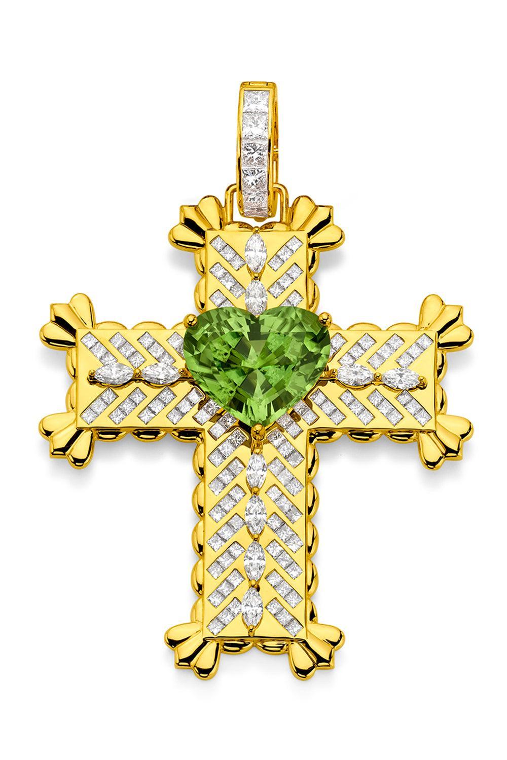 Peridot Heart Cross Pendant-YELLOW GOLD-JEWELRYFINE JEWELPENDANT-BUDDHA MAMA
