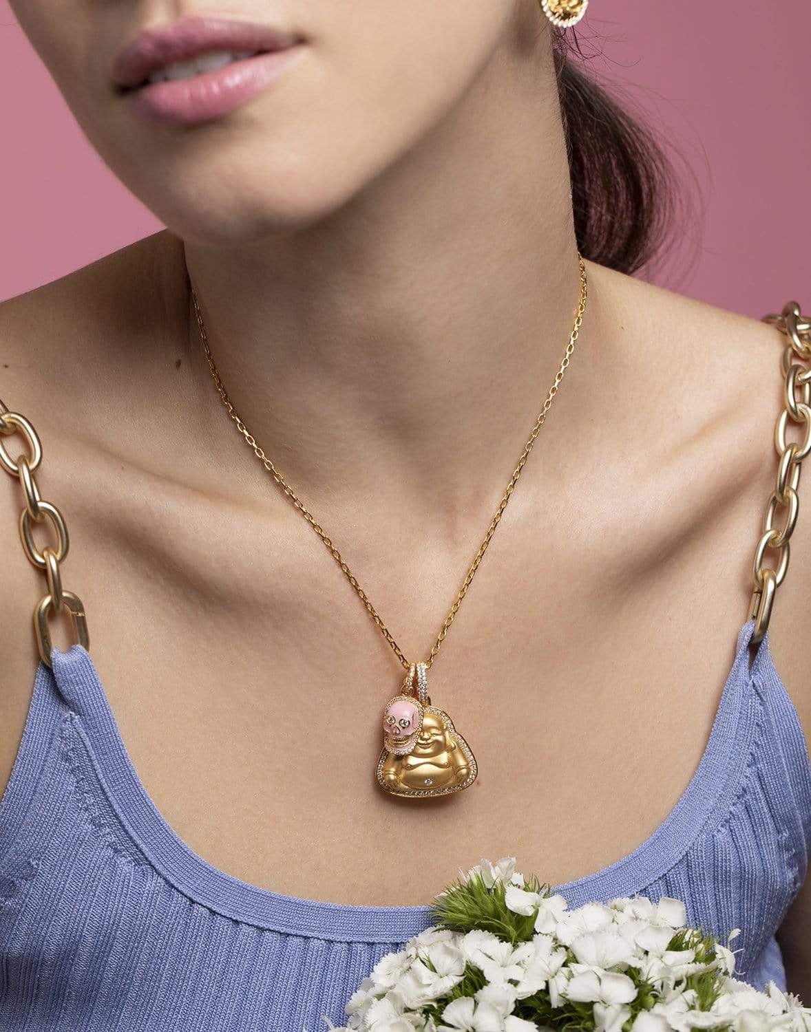 BUDDHA MAMA-Pink Enamel Baby Skull Pendant-YELLOW GOLD