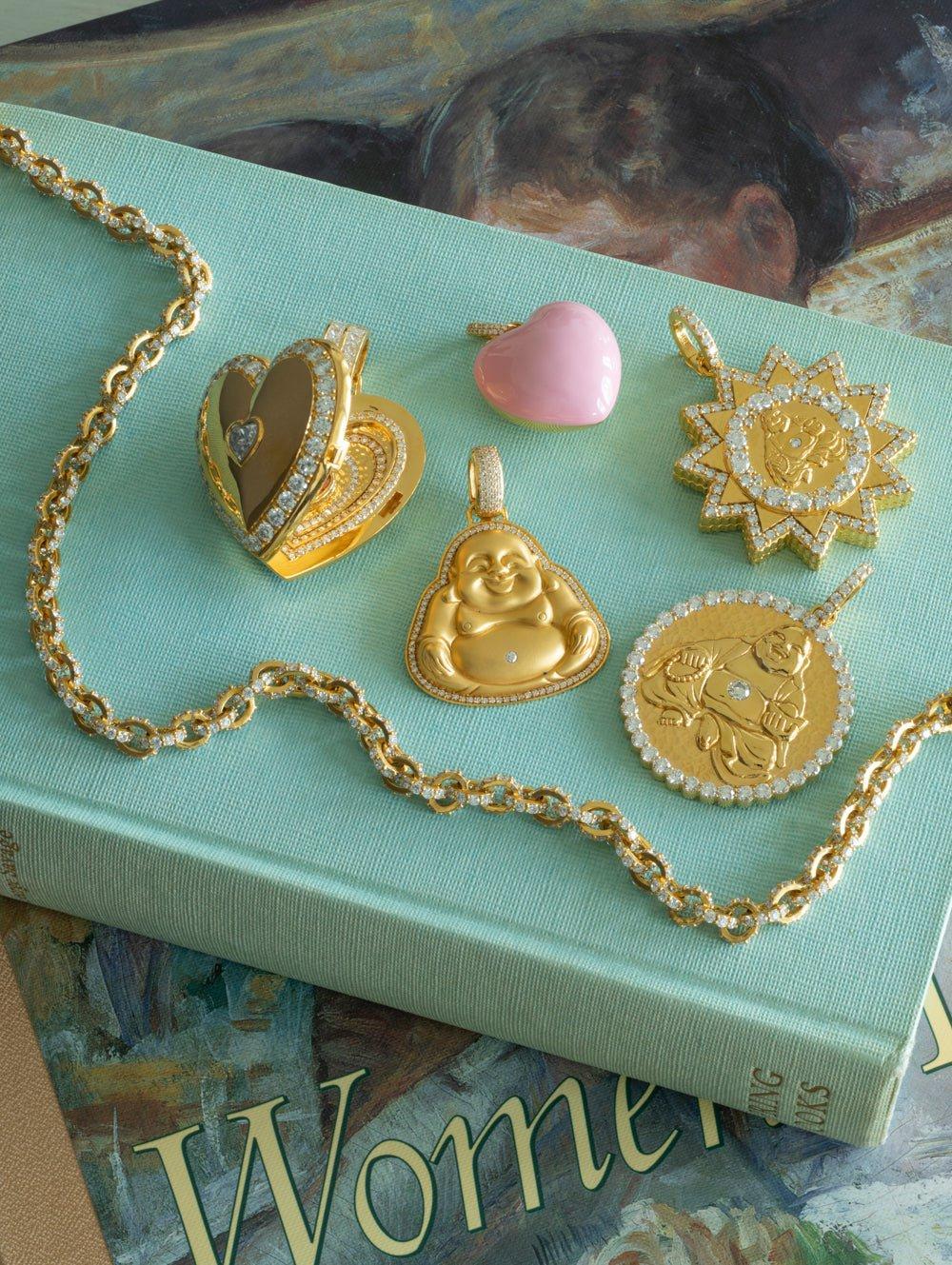 BUDDHA MAMA-Pink Enamel Puffy Heart Pendant-YELLOW GOLD