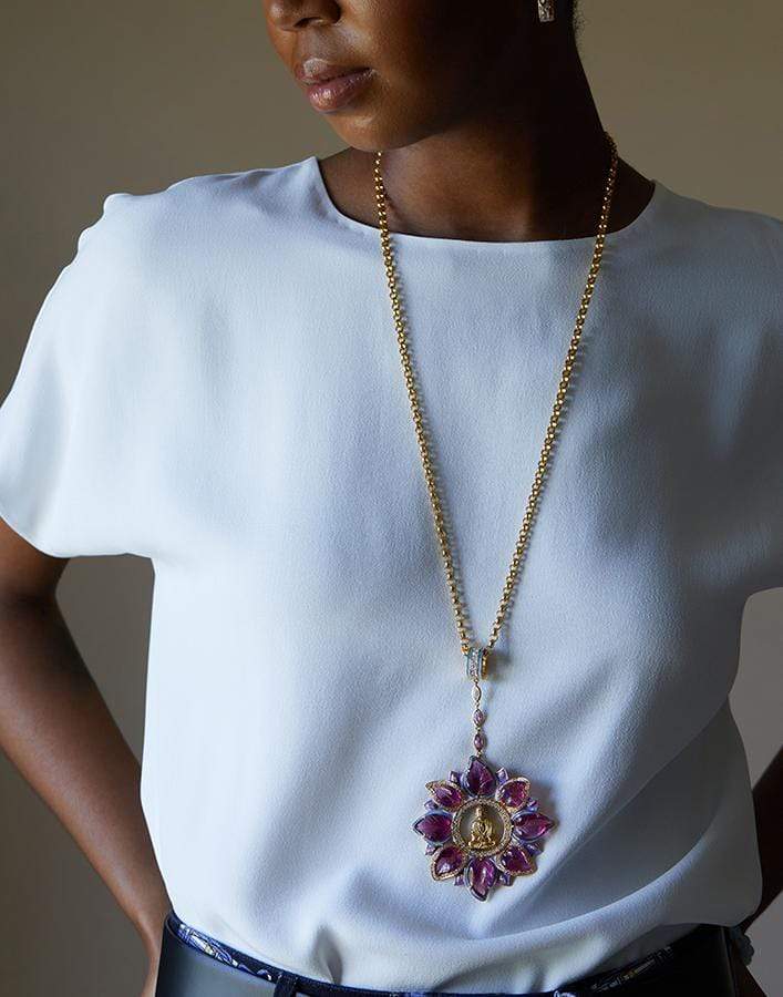 BUDDHA MAMA-Rubellite Buddha Lotus Pendant-YELLOW GOLD