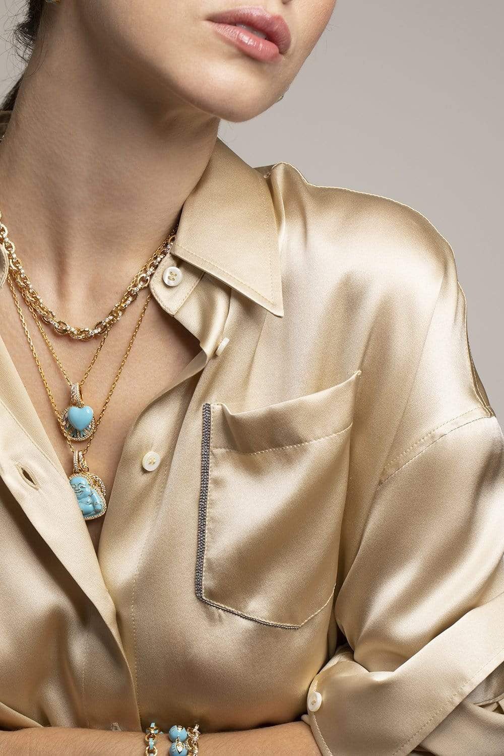 BUDDHA MAMA-Sky Blue Enamel Puffy Heart Pendant-YELLOW GOLD