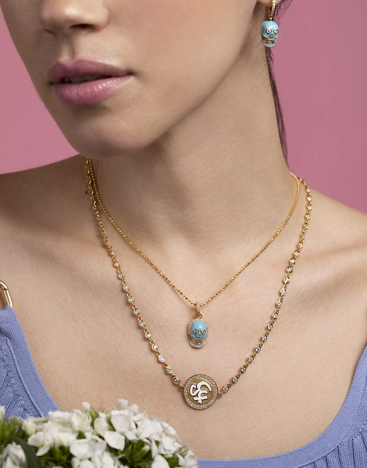 BUDDHA MAMA-Sky Blue Skull Pendant-YELLOW GOLD