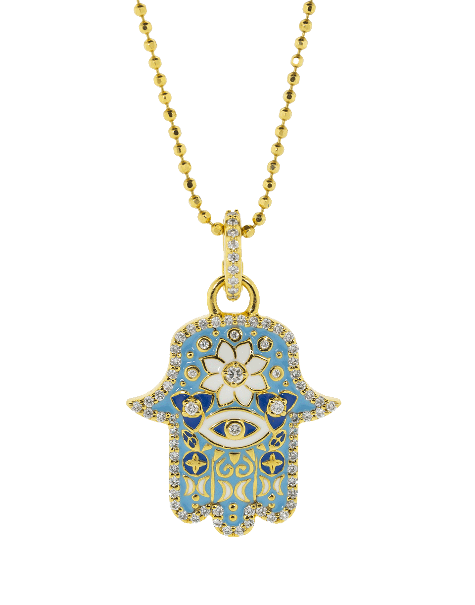 BUDDHA MAMA-Small Sky Blue Enamel Hamsa Pendant-YELLOW GOLD