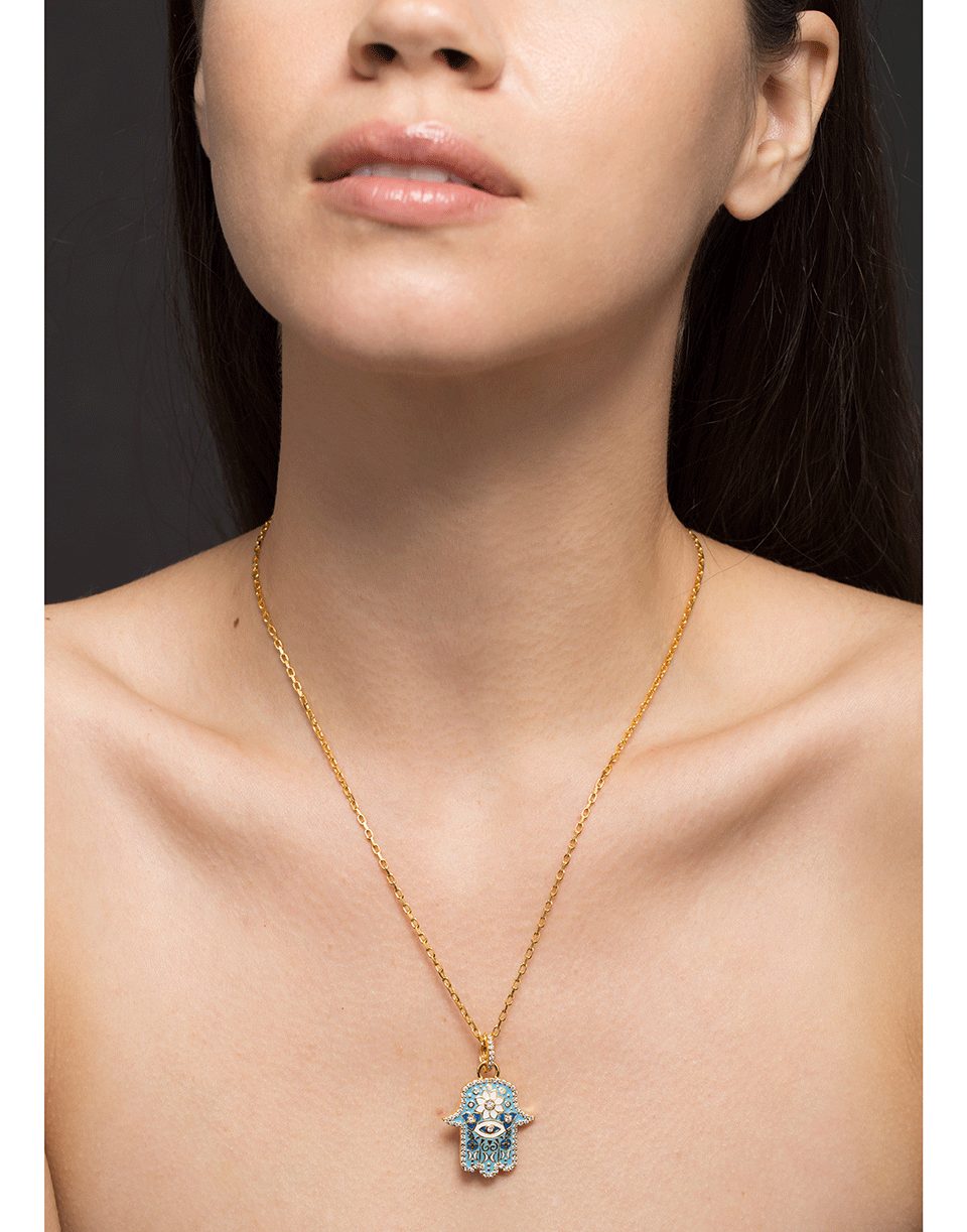 BUDDHA MAMA-Small Sky Blue Enamel Hamsa Pendant-YELLOW GOLD
