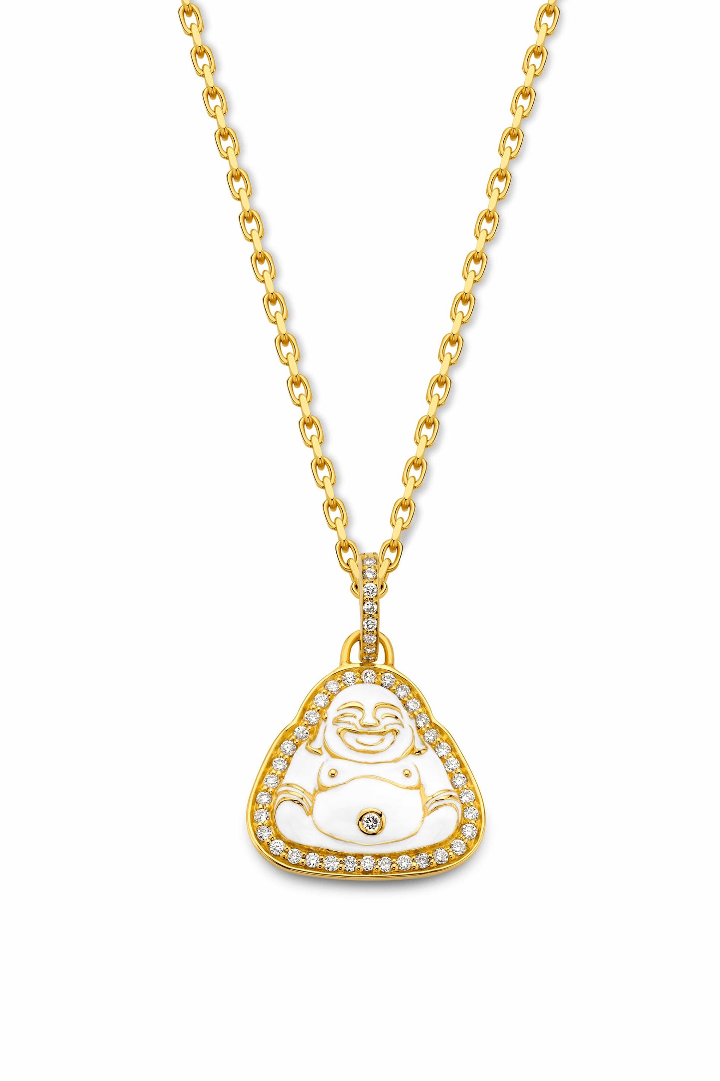 BUDDHA MAMA-Small White Enamel Happy Buddha Pendant-YELLOW GOLD