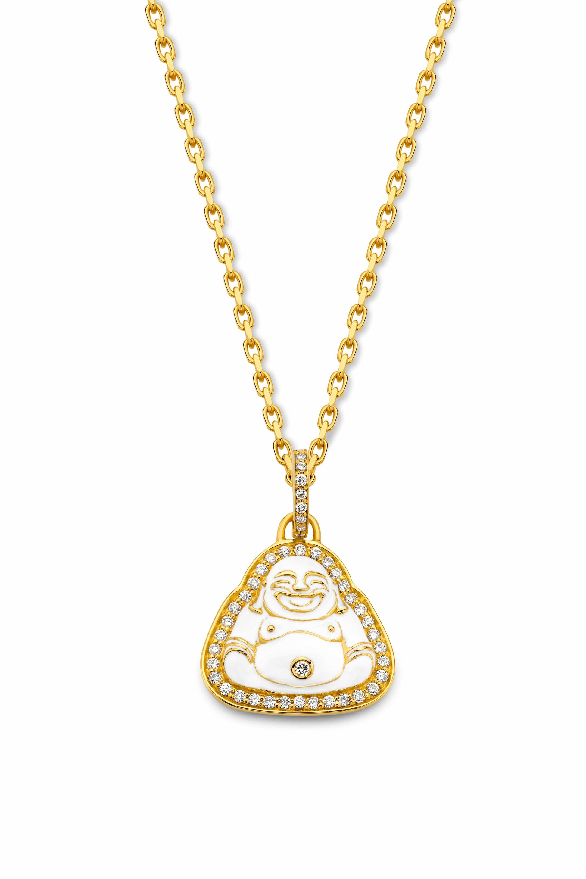 BUDDHA MAMA-Small White Enamel Happy Buddha Pendant-YELLOW GOLD