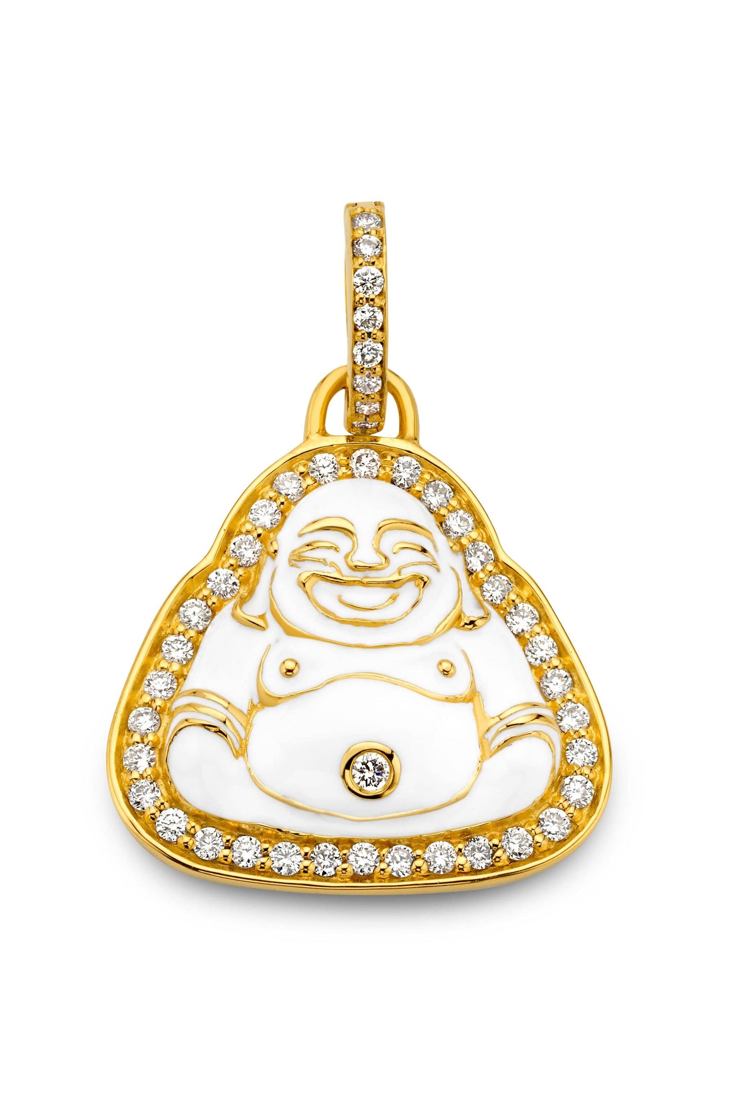 BUDDHA MAMA-Small White Enamel Happy Buddha Pendant-YELLOW GOLD